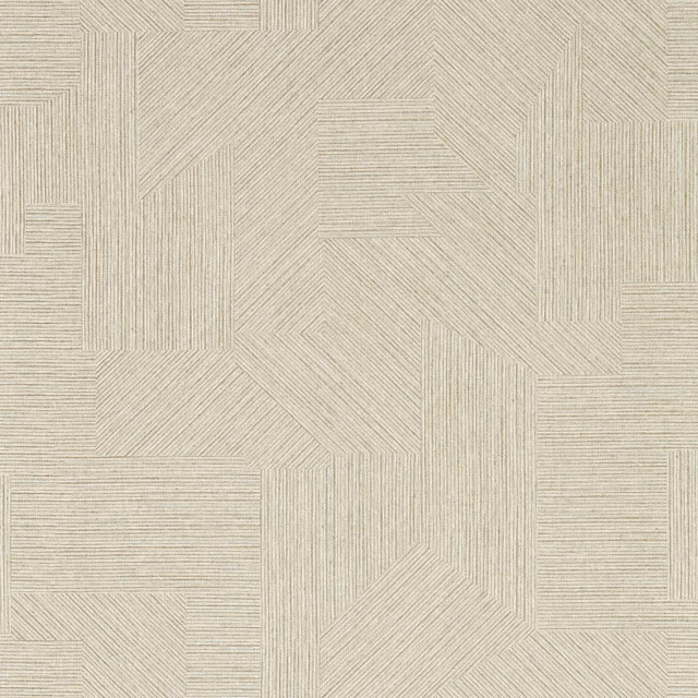 Pale taupe-gilver wallpaper with fine angular linear blocks and subtle surface texture