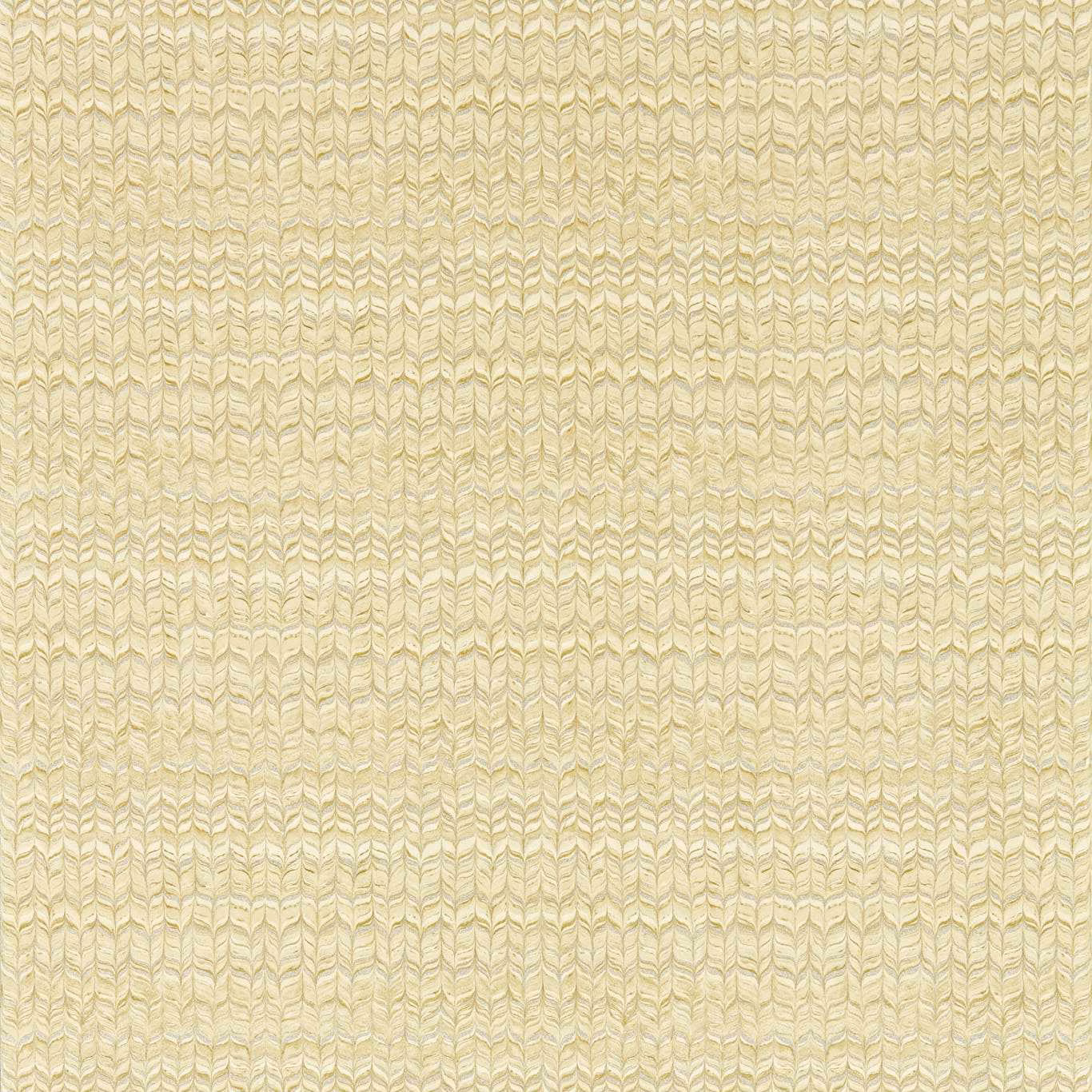 Warm buttermilk wallpaper with chalky leaf-like chevron rows and pale sage detailing
