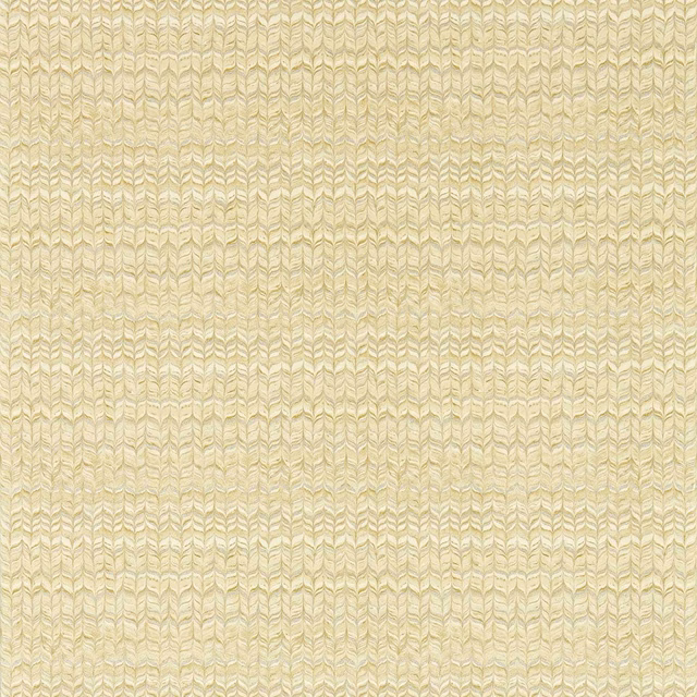 Warm buttermilk wallpaper with chalky leaf-like chevron rows and pale sage detailing