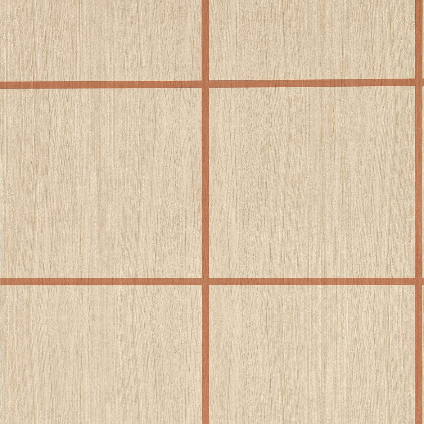 Warm oak woodgrain wallpaper with terracotta rectangular grid lines and subtle gloss