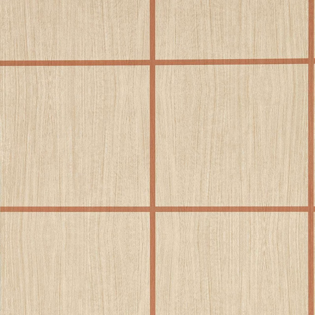 Warm oak woodgrain wallpaper with terracotta rectangular grid lines and subtle gloss
