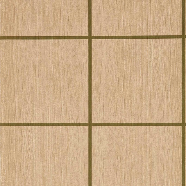 Warm beige wallpaper with olive grid blocks and fine vertical striations