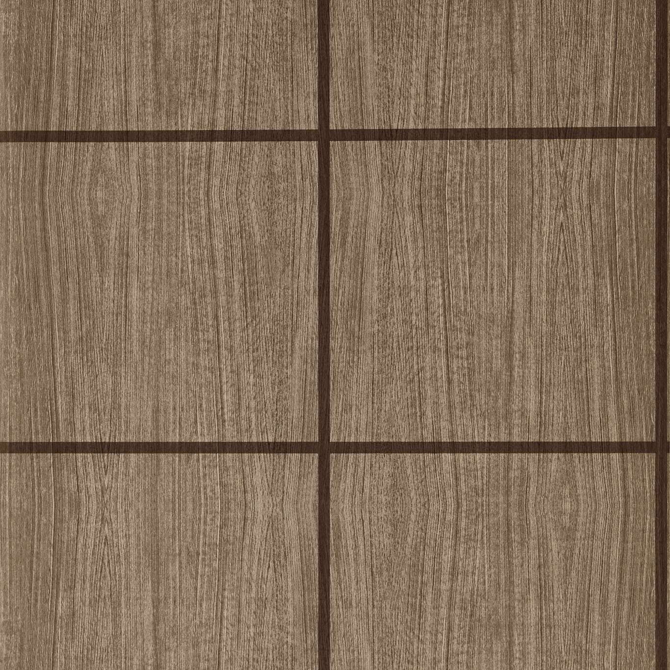Warm walnut wallpaper with dark grid lines and fine vertical woodgrain texture