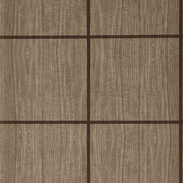 Warm walnut wallpaper with dark grid lines and fine vertical woodgrain texture