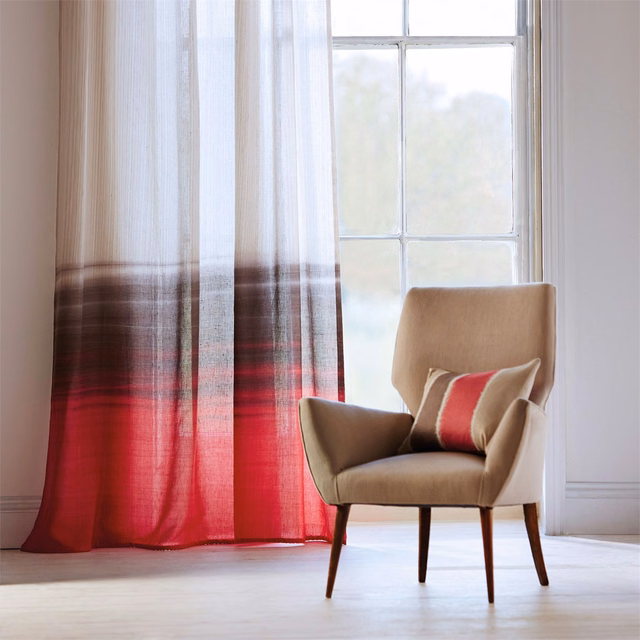 Sheer fabric showing taupe, smoky brown and berry-red bands with fine vertical striations