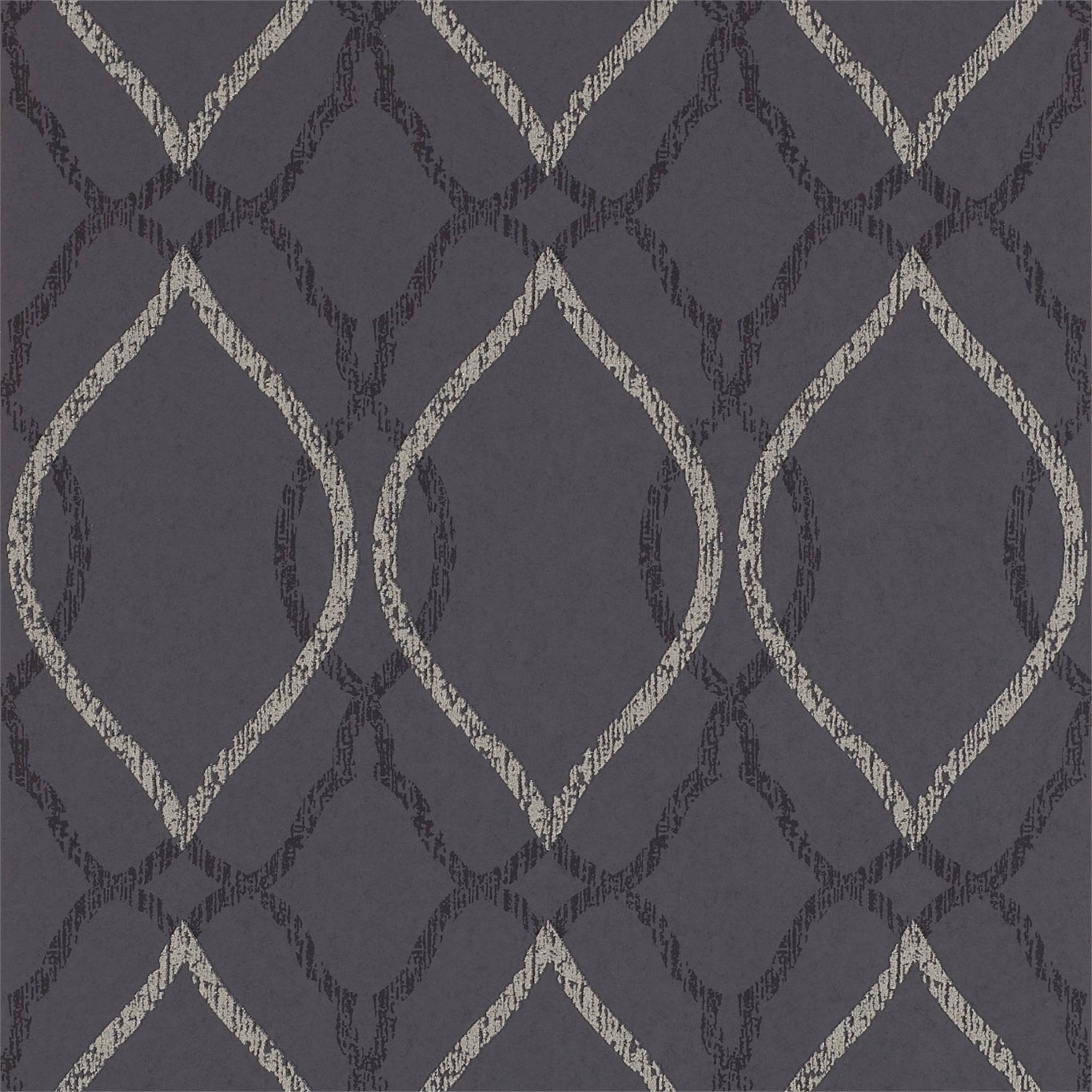 Charcoal wallpaper with distressed stone diamond trellis and interlocking geometric loops