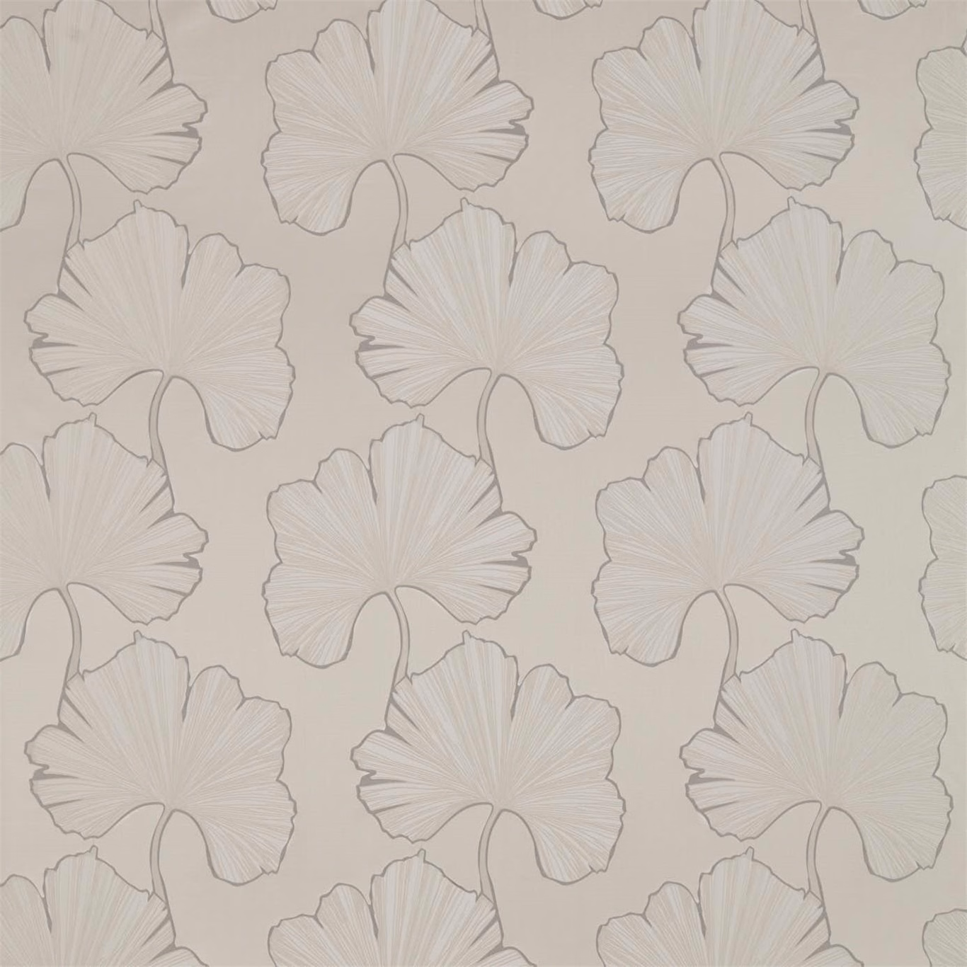 Misty blue-grey fabric with oversized outlined fan-shaped botanical leaves