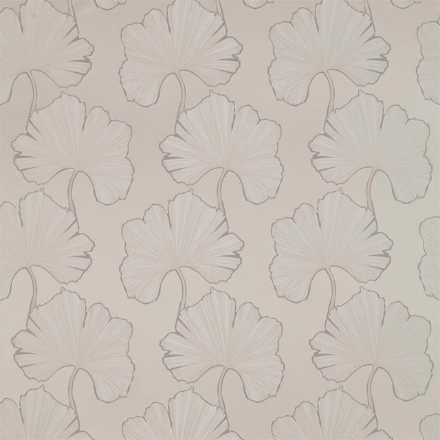 Misty blue-grey fabric with oversized outlined fan-shaped botanical leaves