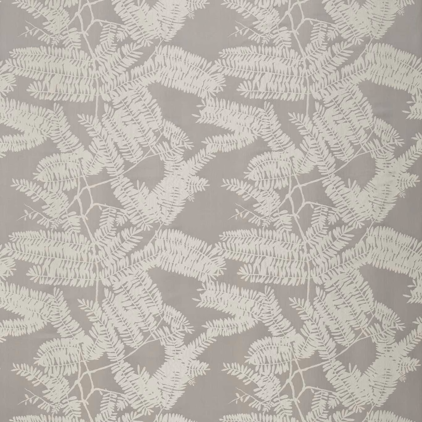 Platinum-grey fabric with overlapping ivory fern fronds and fine leafy detail