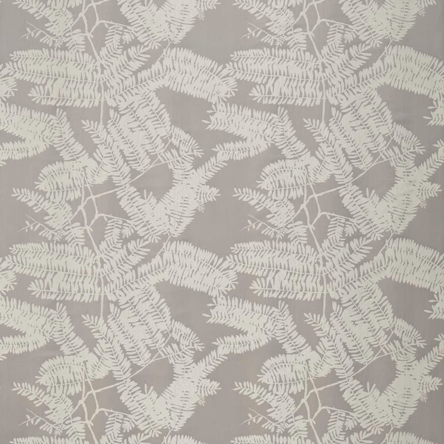 Platinum-grey fabric with overlapping ivory fern fronds and fine leafy detail