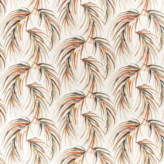 Warm cream fabric with rust, brown and charcoal feather-like botanical leaf motifs