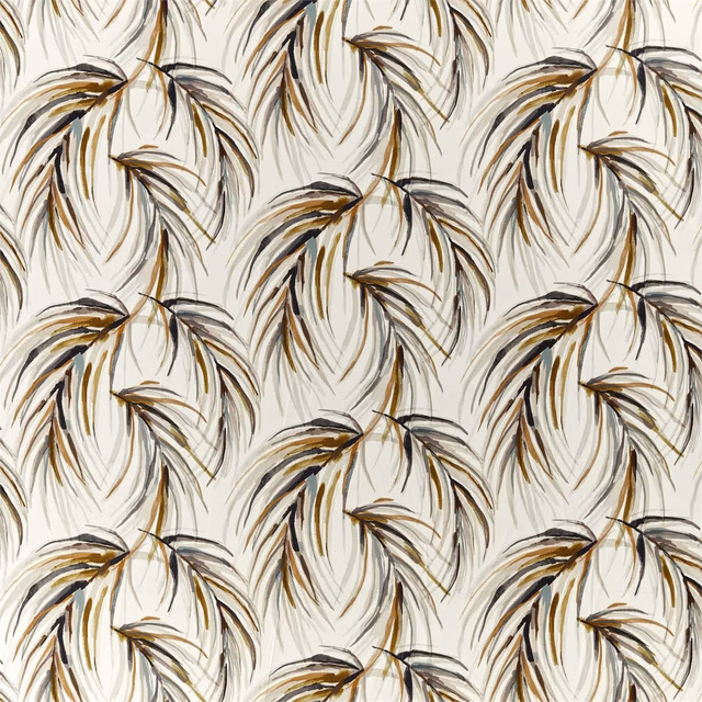 Cream fabric with honey, slate and topaz feather-like botanical motifs