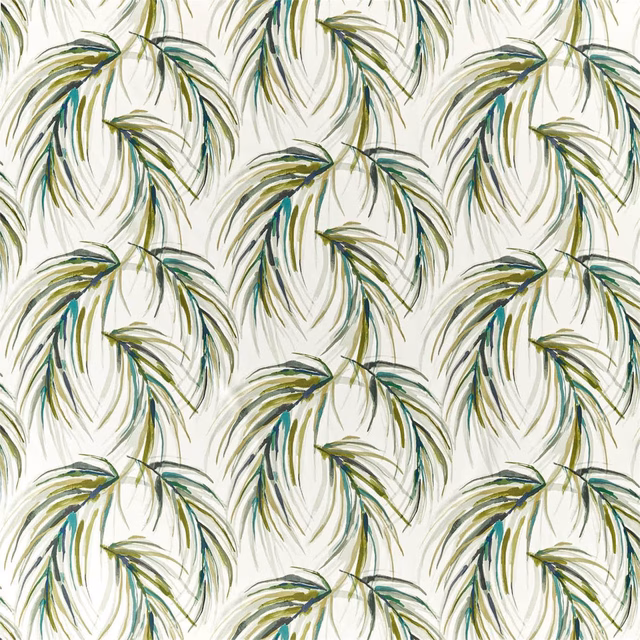 Ivory fabric with repeating lime, jade and palm-green feathery leaf sprays