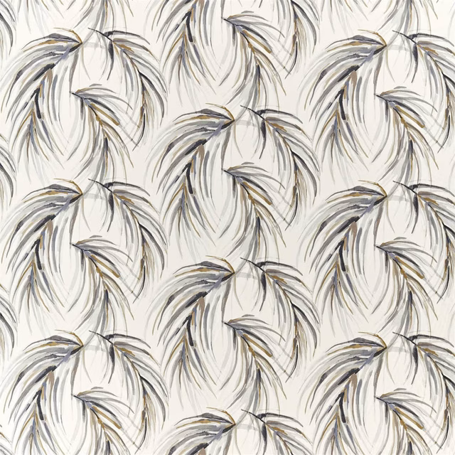 Cream fabric with repeating slate and charcoal feather-like leaf motifs