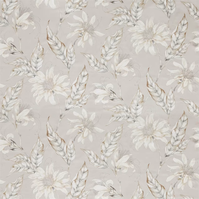 Oyster-grey botanical fabric with ivory daisies and wheat-like sprays
