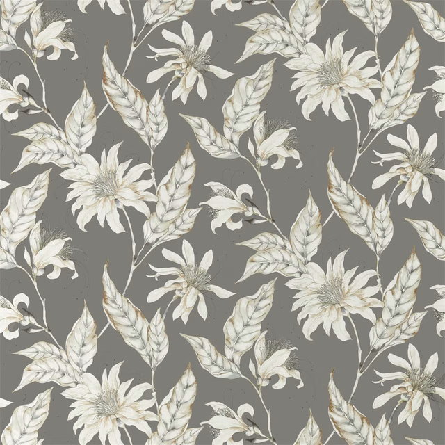 Slate-grey floral fabric with ivory blooms, pale leaves and fine botanical stems