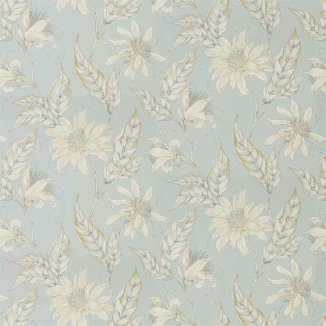 Soft blue-grey teal floral fabric with ivory flowers and leafy sprigs