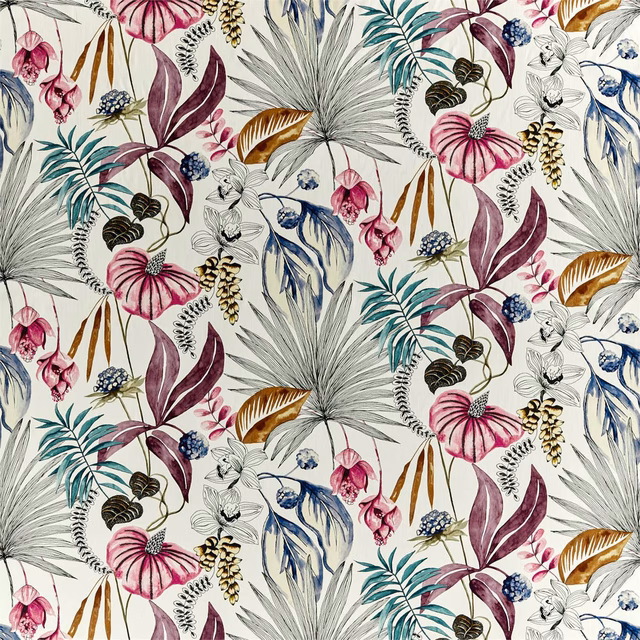 Cream botanical repeat with cerise blooms, honey leaves and marine-blue fronds