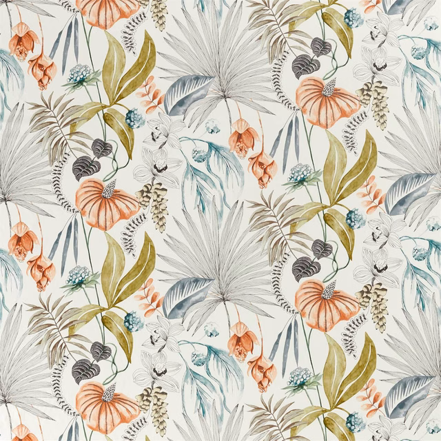Ivory botanical fabric with coral flowers, harbour-blue fronds and lime foliage
