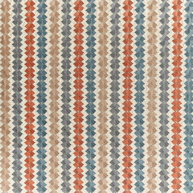 Textured woven fabric with rust, jute and blue stepped diamond stripes