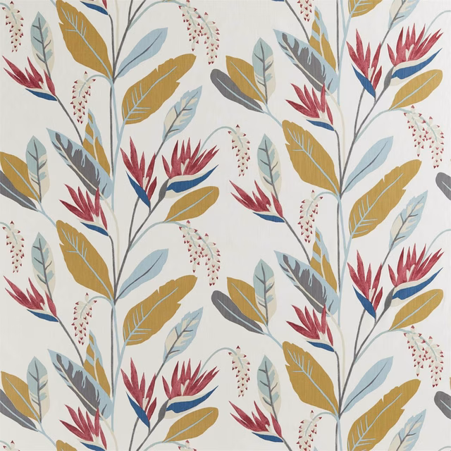 Cream botanical fabric with cerise sprays, saffron leaves and harbour blue-grey foliage