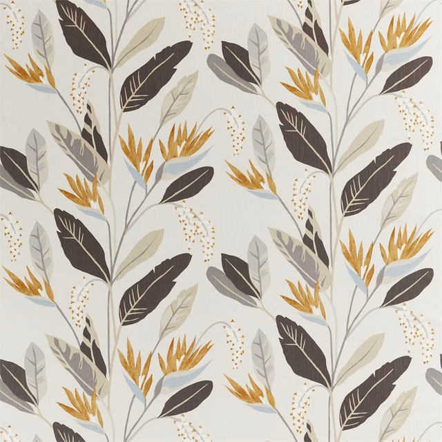 Honey, jet and sage botanical leaves on a pale blue-grey ground