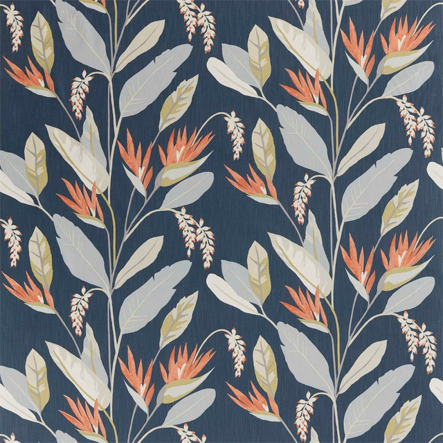 Ink-blue botanical ground with coral spiked blooms and pebble-grey leaves