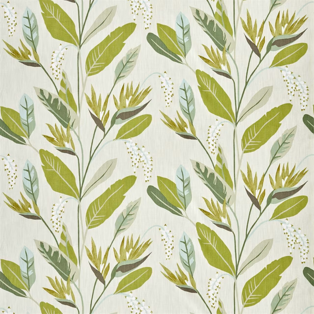 Lime and jade leafy botanical stems on a pale pebble textured ground