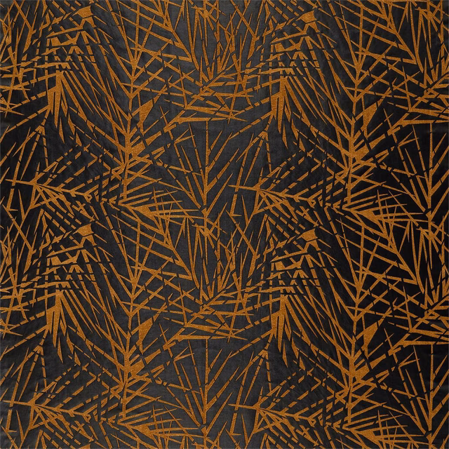 Honey-gold angular fronds layered across a densely textured jet ground
