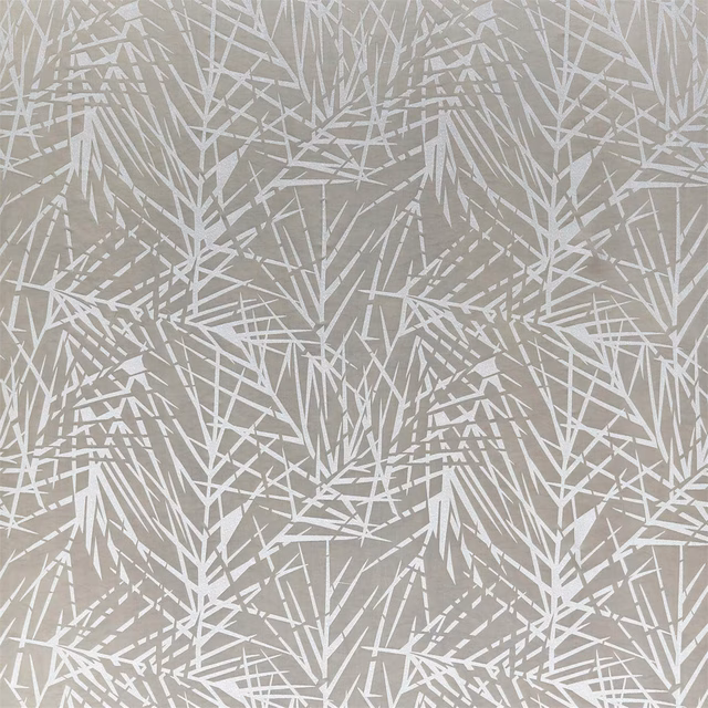 Oyster-grey fabric with pearl-white angular leafy strokes and subtle woven texture