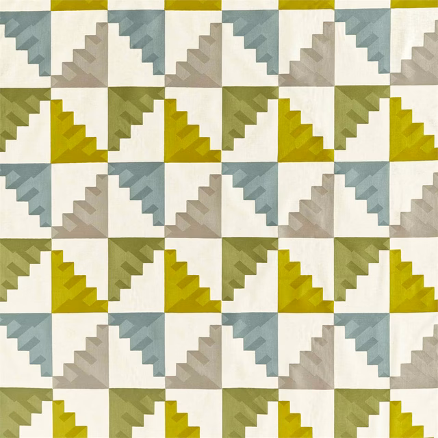 Lime, sage-blue, stone and cream stepped geometric woven fabric