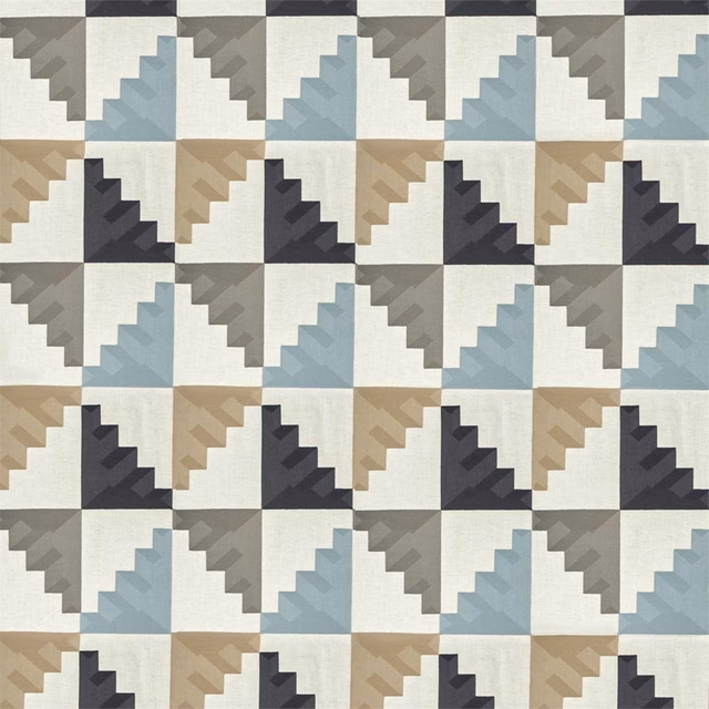 Stepped geometric woven fabric in sky blue, maize, charcoal and cream