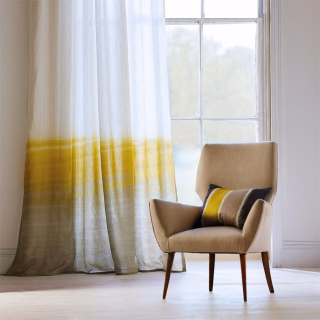 Sheer curtain with ivory, olive-gold and driftwood horizontal tonal bands