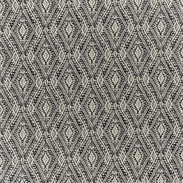 Charcoal black and ivory woven fabric with repeating diamond trellis motifs