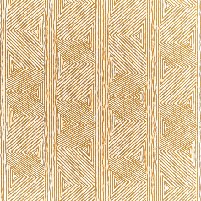 Saffron ochre fabric with ivory nested triangles in vertical geometric bands