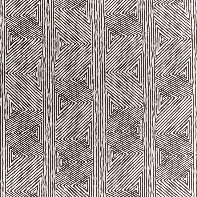 Charcoal and ivory triangular linework in a dense vertical geometric repeat