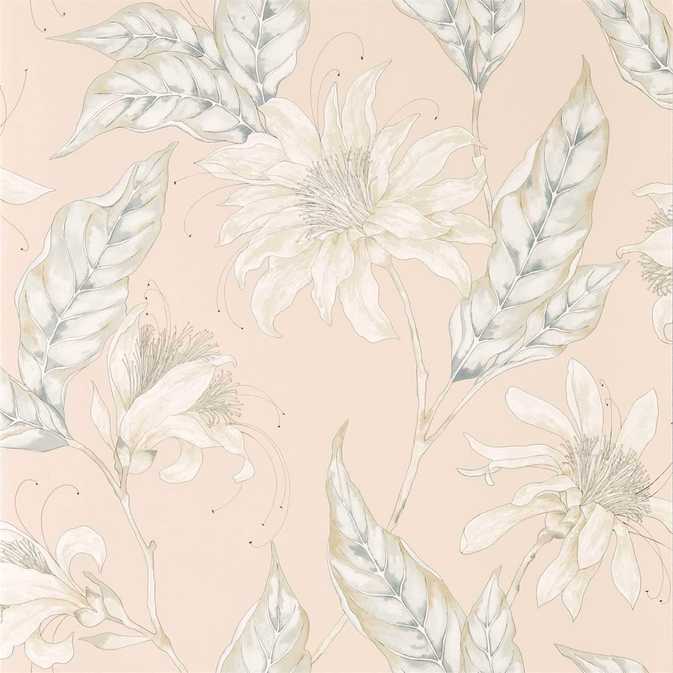 Blush botanical wallpaper with ivory flowers and cool sage-grey leaves