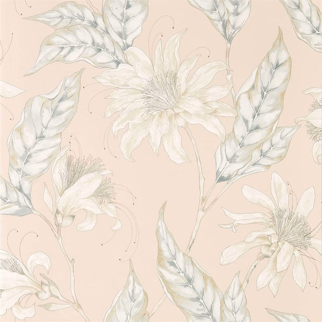 Blush botanical wallpaper with ivory flowers and cool sage-grey leaves
