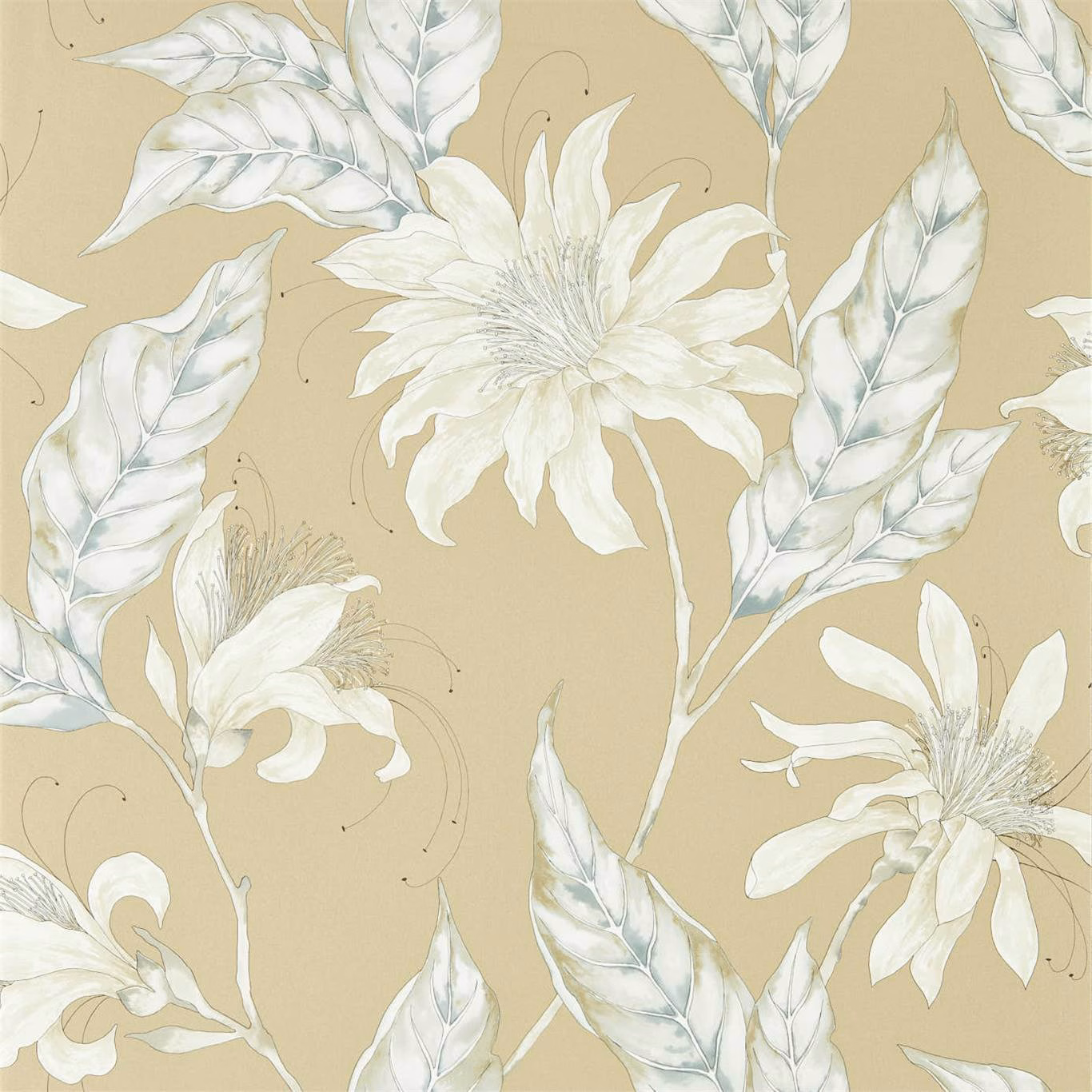 Pale ivory flowers and veined leaves on a muted antique-gold wallpaper ground