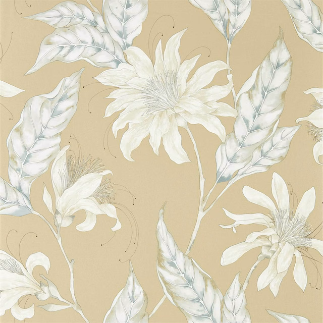 Pale ivory flowers and veined leaves on a muted antique-gold wallpaper ground