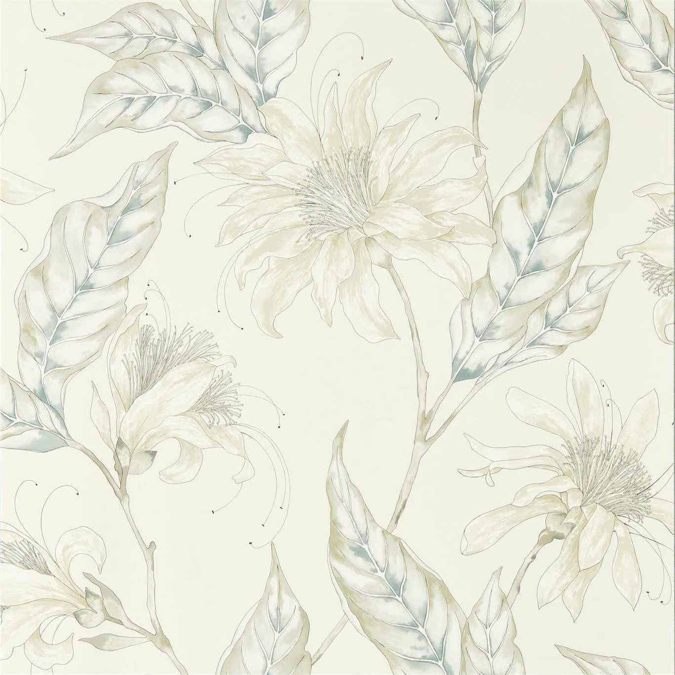 Pale pearl floral wallpaper with large cream flowers and soft sage leaves