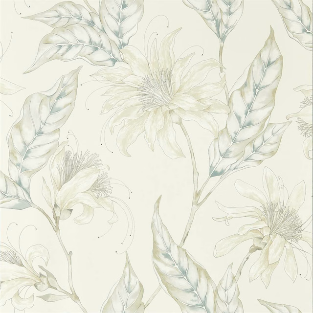 Pale pearl floral wallpaper with large cream flowers and soft sage leaves