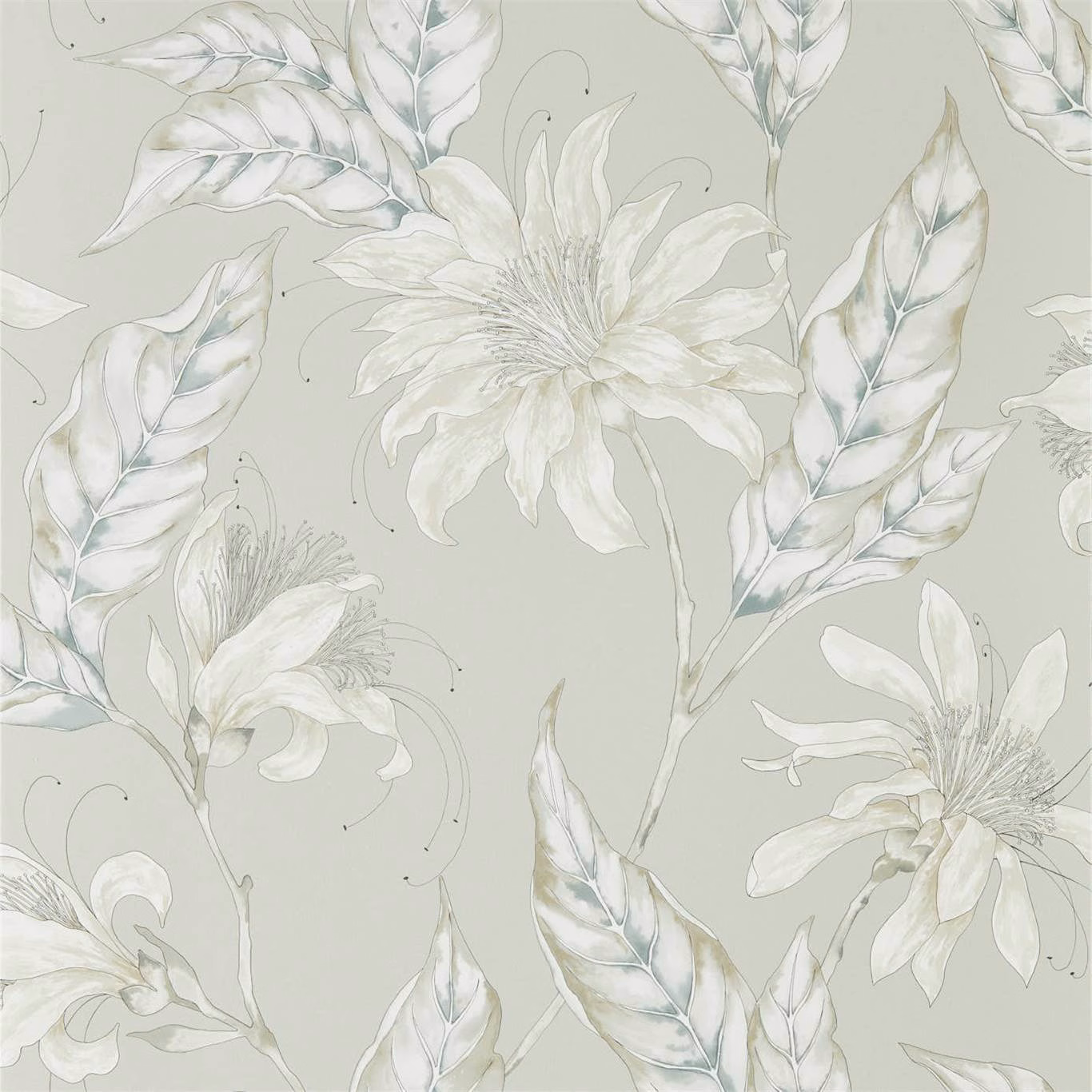 Cool platinum wallpaper with ivory blooms, silvery sage leaves and delicate botanical outlines