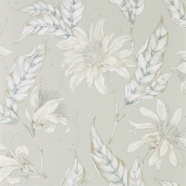 Cool platinum wallpaper with ivory blooms, silvery sage leaves and delicate botanical outlines
