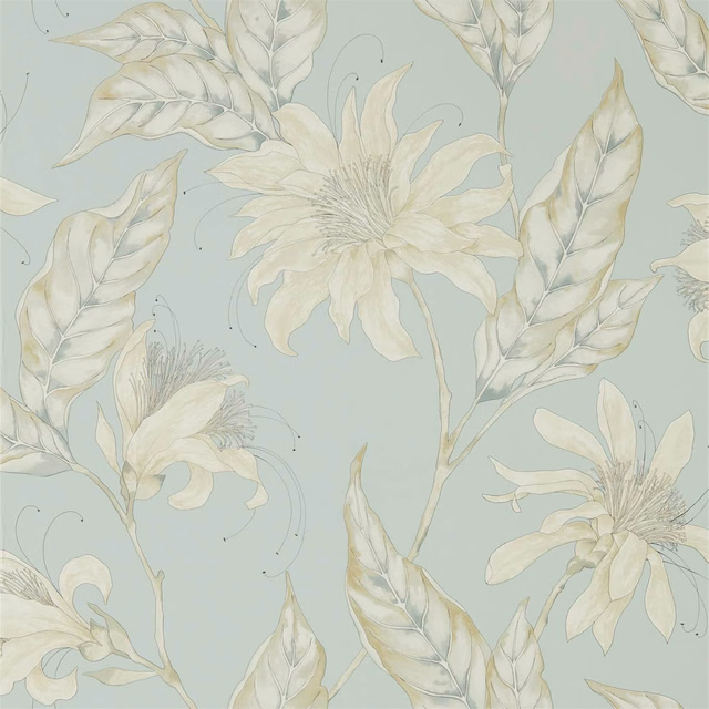Pale sage-blue wallpaper with large ivory flowers, leaves and fine curling botanical stems