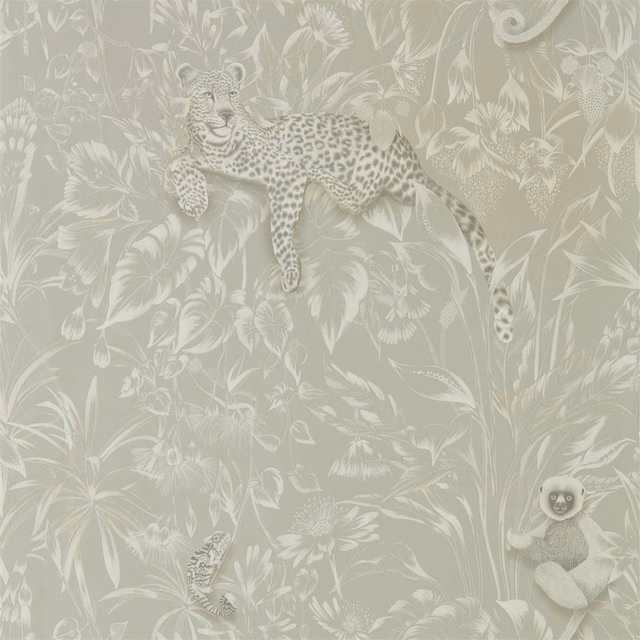 Pale oyster wallpaper with leaping leopard, monkey, birds and dense white botanicals