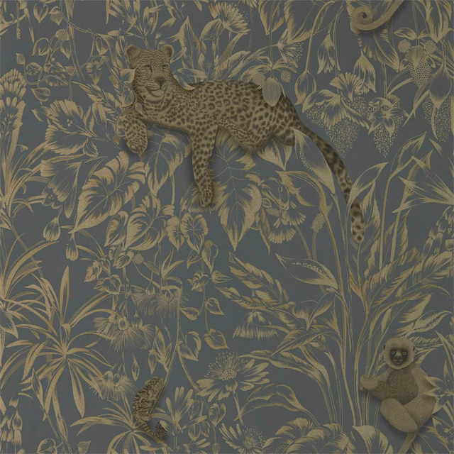 Slate blue-grey wallpaper with muted gold foliage, leopard and monkey motifs