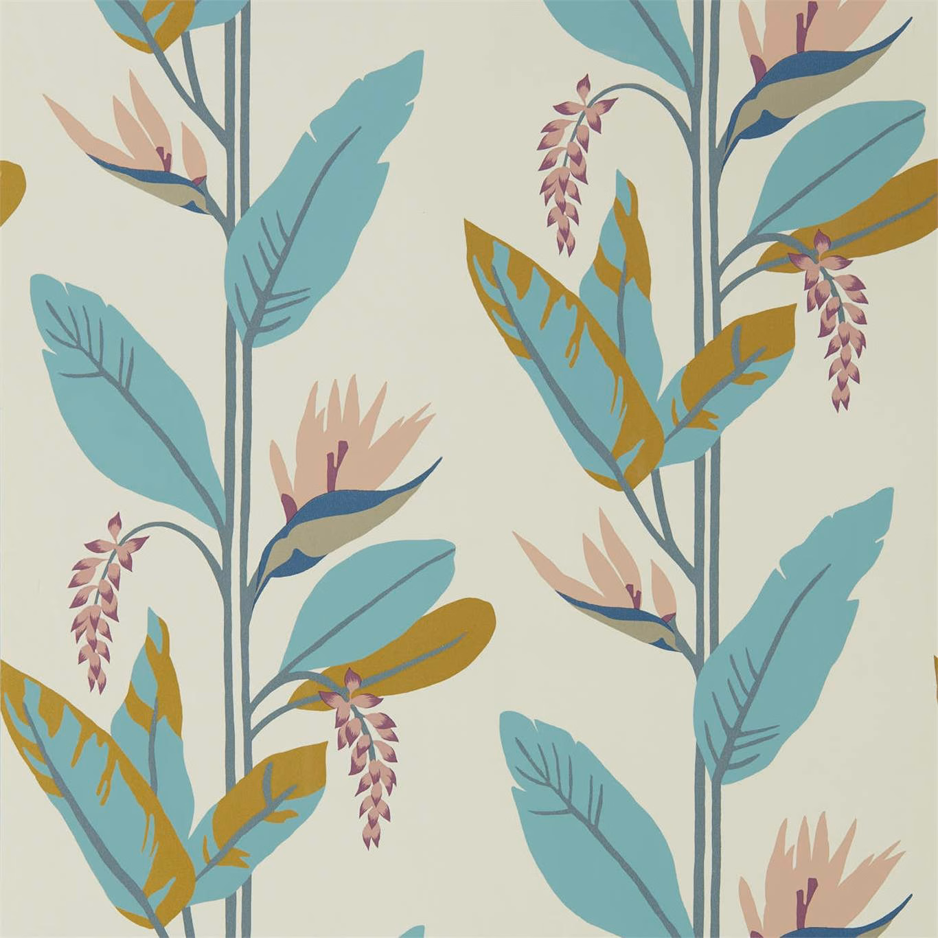 Pale ground with teal leaves, ochre foliage and mauve hanging flowers