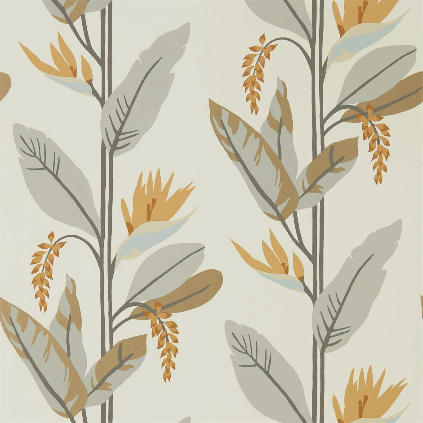 Pale sage botanical wallpaper with honey leaves, charcoal stems and muted blue accents