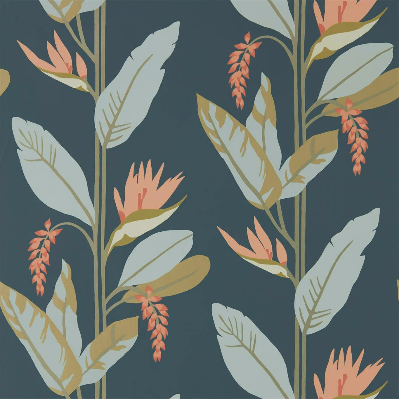 Ink-teal botanical wallpaper with coral flowers and pale seaglass leaves